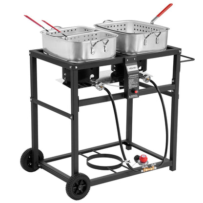Outdoor Propane Deep Fryer, Dual-Tank 18QTx2 Commercial Fryer, Multi-Purpose Portable Frying Cart with Wheel, 3 Basket, 2 Thermometer, Stainless Steel Cooker for Fish Fry Wings Fries, 40,000 BTU