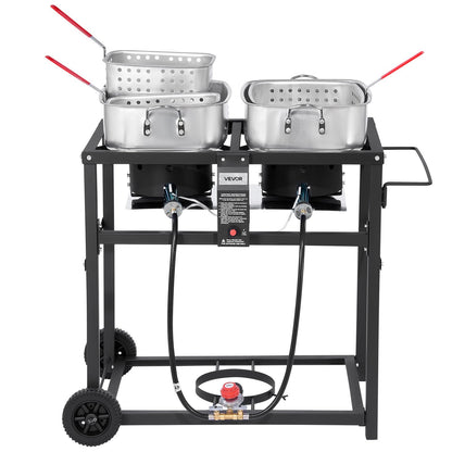 Outdoor Propane Deep Fryer, Dual-Tank 18QTx2 Commercial Fryer, Multi-Purpose Portable Frying Cart with Wheel, 3 Basket, 2 Thermometer, Stainless Steel Cooker for Fish Fry Wings Fries, 40,000 BTU