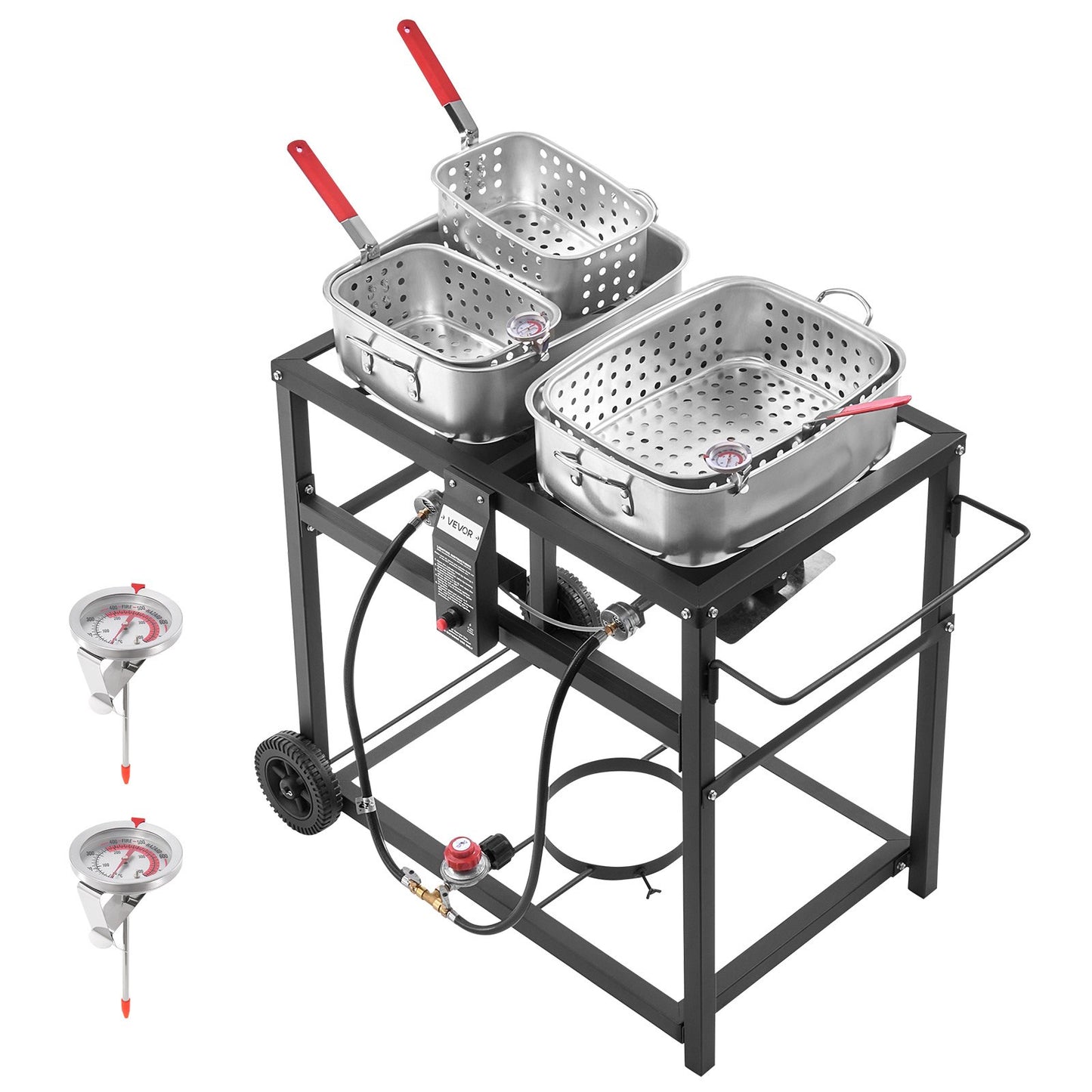 Outdoor Propane Deep Fryer, Dual-Tank 18QTx2 Commercial Fryer, Multi-Purpose Portable Frying Cart with Wheel, 3 Basket, 2 Thermometer, Stainless Steel Cooker for Fish Fry Wings Fries, 40,000 BTU