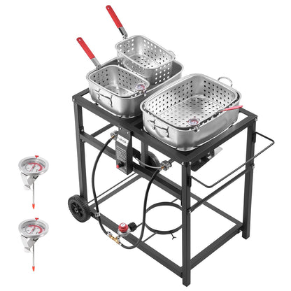 Outdoor Propane Deep Fryer, Dual-Tank 18QTx2 Commercial Fryer, Multi-Purpose Portable Frying Cart with Wheel, 3 Basket, 2 Thermometer, Stainless Steel Cooker for Fish Fry Wings Fries, 40,000 BTU