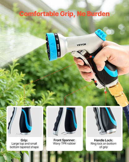 Hose Nozzle, 10 Adjustable Spray Patterns, Metal Water Hose Nozzle with Comfortable Ergonomic Grip, Garden Hose Nozzle Sprayer with Flow Control for Watering Plants & Lawns, Washing Cars & Pets