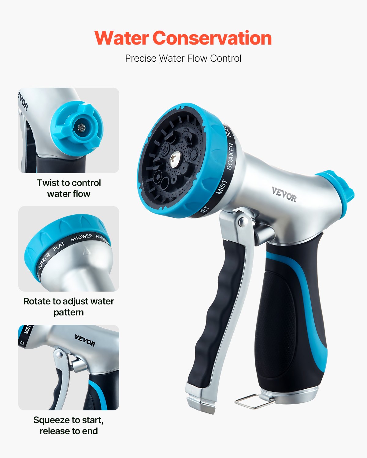 Hose Nozzle, 10 Adjustable Spray Patterns, Metal Water Hose Nozzle with Comfortable Ergonomic Grip, Garden Hose Nozzle Sprayer with Flow Control for Watering Plants & Lawns, Washing Cars & Pets