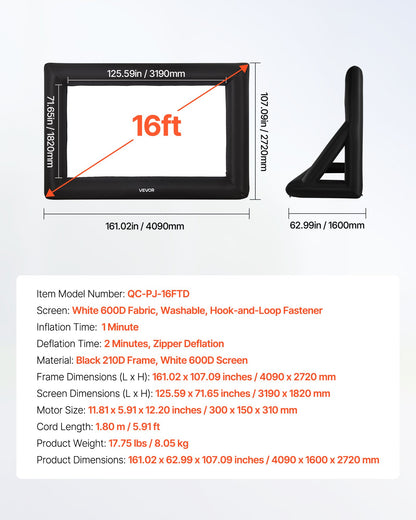 16FT Inflatable Projector Screen, Inflatable Movie Screen Outdoor with 250W Air Blower Projector Screen Oxford Fabric Material Blow Up Screen for Outdoor Backyard, Home Theater, Theme Party