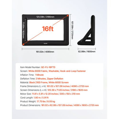 16ft Inflatable Movie Screen 16:9 600D Movie Projector with Portable Bag