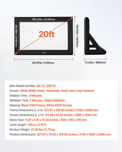 20FT Inflatable Projector Screen, Inflatable Movie Screen Outdoor with 250W Air Blower Projector Screen Oxford Fabric Material Blow Up Screen for Outdoor Backyard, Home Theater, Theme Party