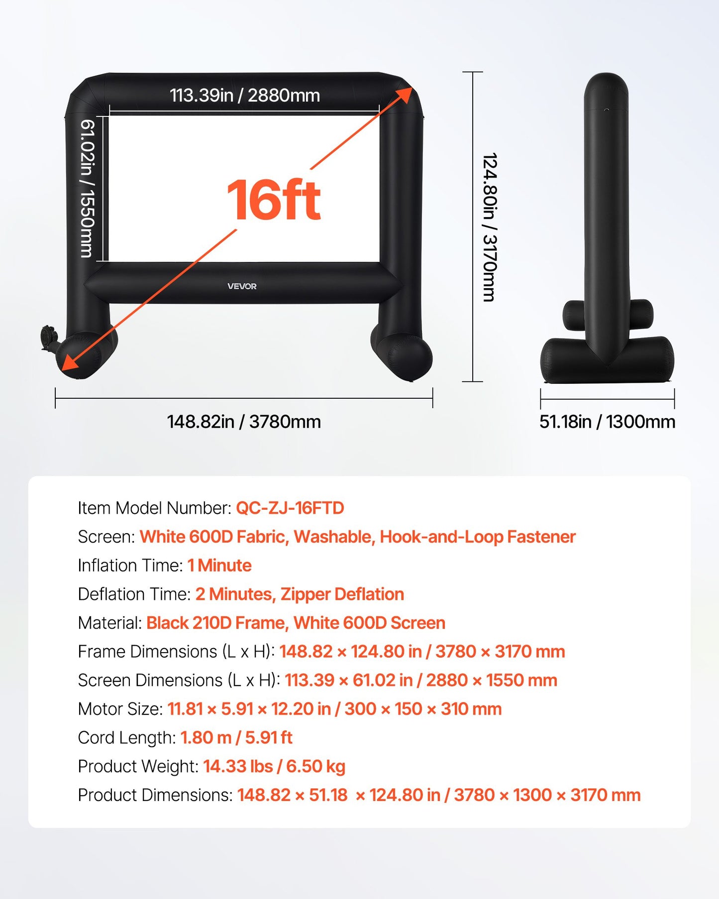 16FT Inflatable Movie Screen, Inflatable Projector Screen with Portable Storage Bag, 16:9 Easy Set Up Movie Projection for Outdoor Backyard, Home Theater, Theme Party