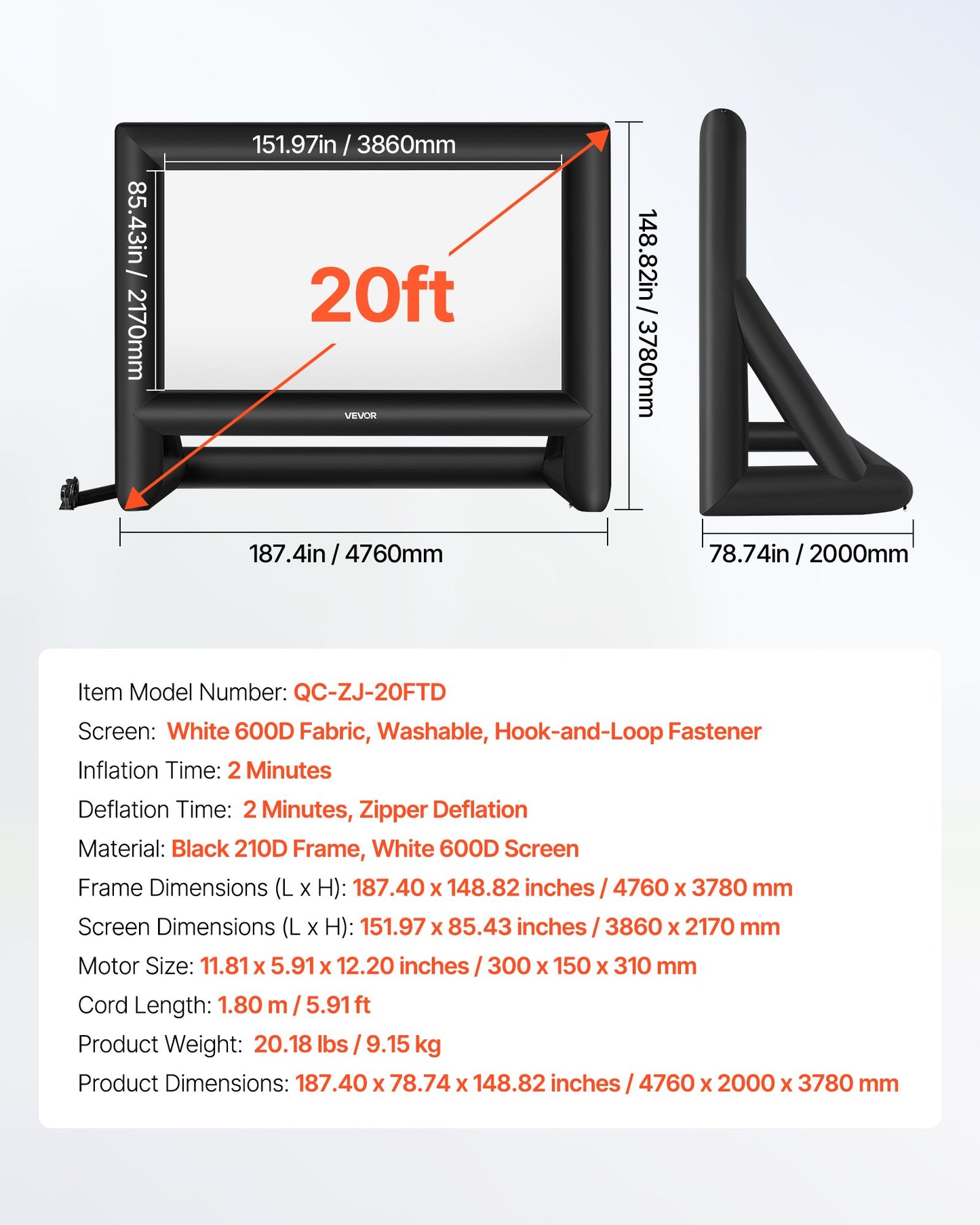 20FT Inflatable Movie Screen, Inflatable Projector Screen with Portable Storage Bag, 16:9 Easy Set Up Movie Projection for Outdoor Backyard, Home Theater, Theme Party