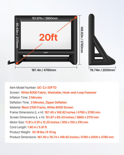 20FT Inflatable Movie Screen, Inflatable Projector Screen with Portable Storage Bag, 16:9 Easy Set Up Movie Projection for Outdoor Backyard, Home Theater, Theme Party