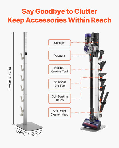 Vacuum Stand, Compatible with Dyson G5 V15 V12 V11 V10 V8 V7 V6 Series Upright Vacuums Cleaners & Accessories, Stable Vacuum Stand Holder with 6 Hooks and Non-slip Footpads, Gray