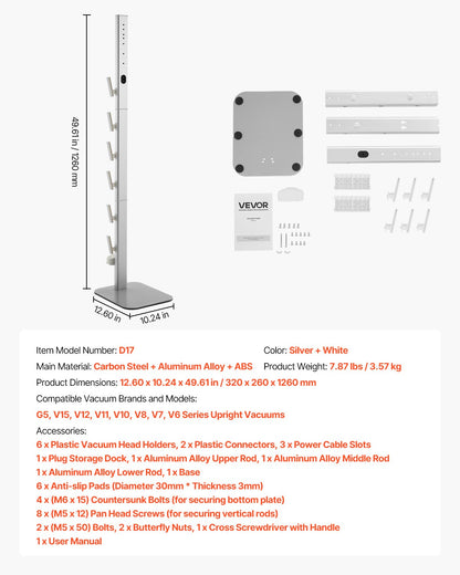 Vacuum Stand, Compatible with Dyson G5 V15 V12 V11 V10 V8 V7 V6 Series Upright Vacuums Cleaners & Accessories, Stable Vacuum Stand Holder with 6 Hooks and Non-slip Footpads, Gray