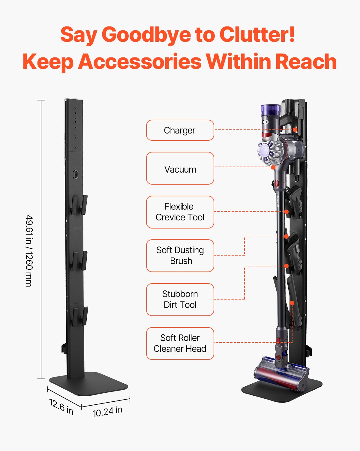 Vacuum Stand, Compatible with Dyson G5 V15 V12 V11 V10 V8 V7 V6 Series Upright Vacuums Cleaners & Accessories, Stable Vacuum Stand Holder with 6 Hooks and Non-slip Footpads, Black