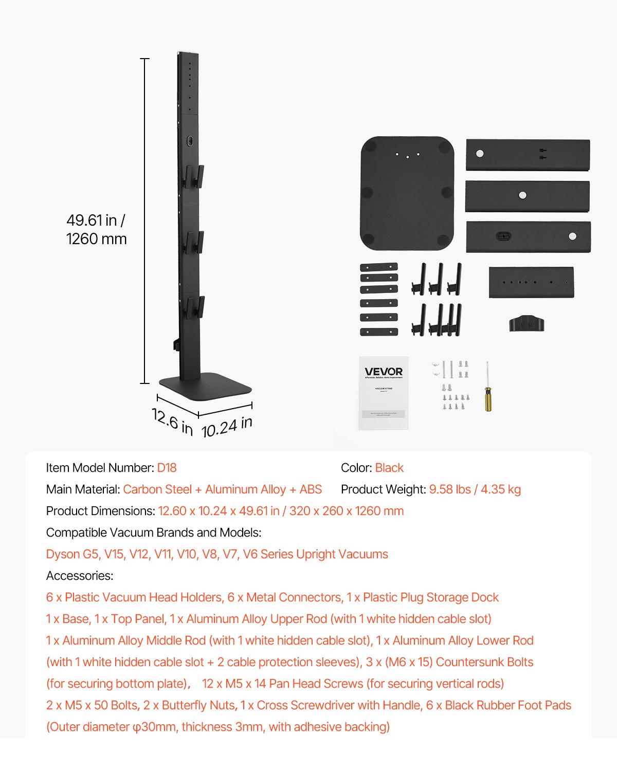 Vacuum Stand, Compatible with Dyson G5 V15 V12 V11 V10 V8 V7 V6 Series Upright Vacuums Cleaners & Accessories, Stable Vacuum Stand Holder with 6 Hooks and Non-slip Footpads, Black