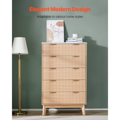 Wooden chest of drawers with 5 fluted drawers, pull-out drawers and anti-tip device | EU