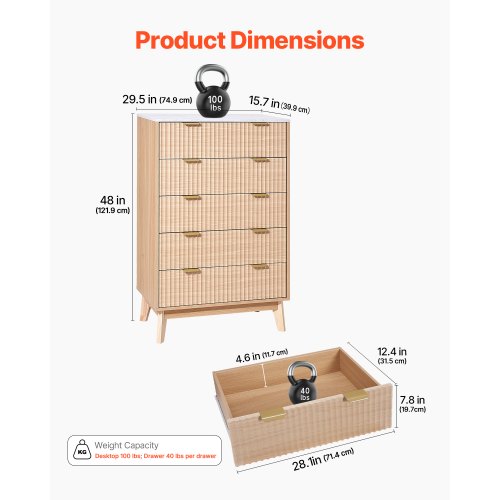 Wooden chest of drawers with 5 fluted drawers, pull-out drawers and anti-tip device | EU