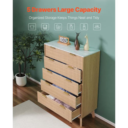 Wooden chest of drawers with 5 fluted drawers, pull-out drawers and anti-tip device | EU