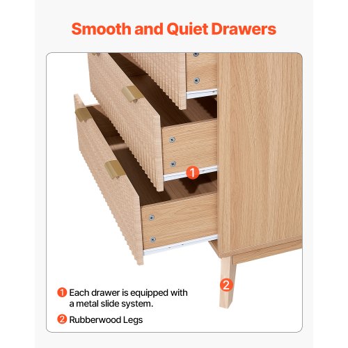 Wooden chest of drawers with 5 fluted drawers, pull-out drawers and anti-tip device | EU