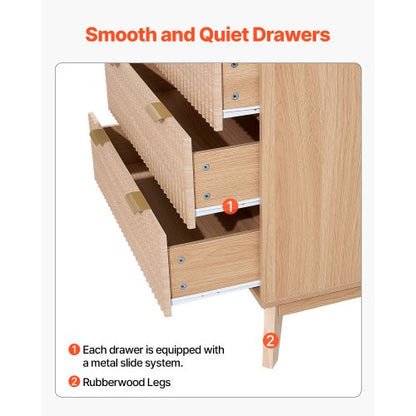 Wooden chest of drawers with 5 fluted drawers, pull-out drawers and anti-tip device | EU