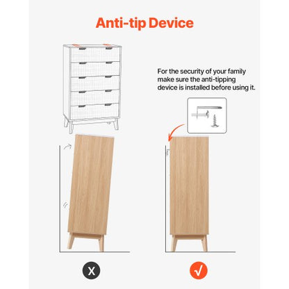 Wooden chest of drawers with 5 fluted drawers, pull-out drawers and anti-tip device | EU