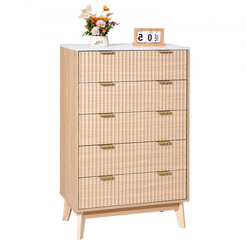 Wooden chest of drawers with 5 fluted drawers, pull-out drawers and anti-tip device | EU