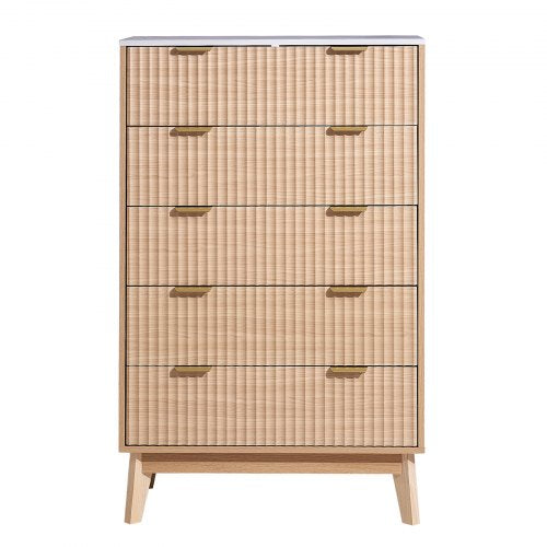 Wooden chest of drawers with 5 fluted drawers, pull-out drawers and anti-tip device | EU