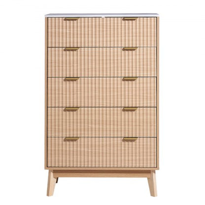 Wooden chest of drawers with 5 fluted drawers, pull-out drawers and anti-tip device | EU