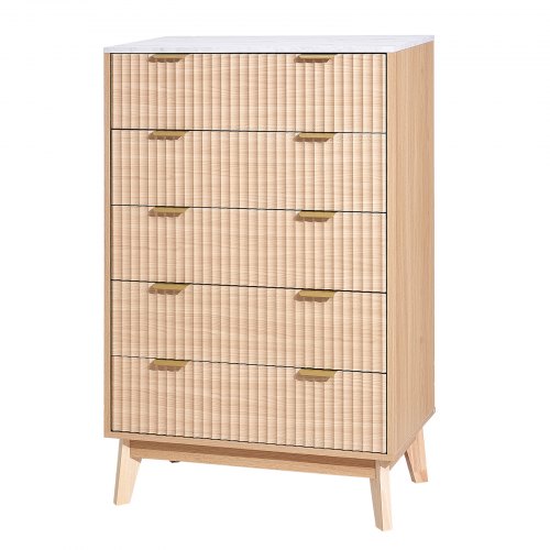Wooden chest of drawers with 5 fluted drawers, pull-out drawers and anti-tip device | EU