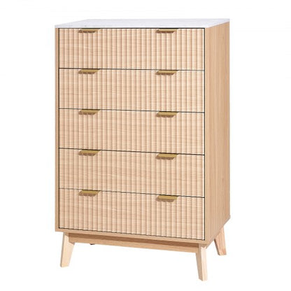 Wooden chest of drawers with 5 fluted drawers, pull-out drawers and anti-tip device | EU