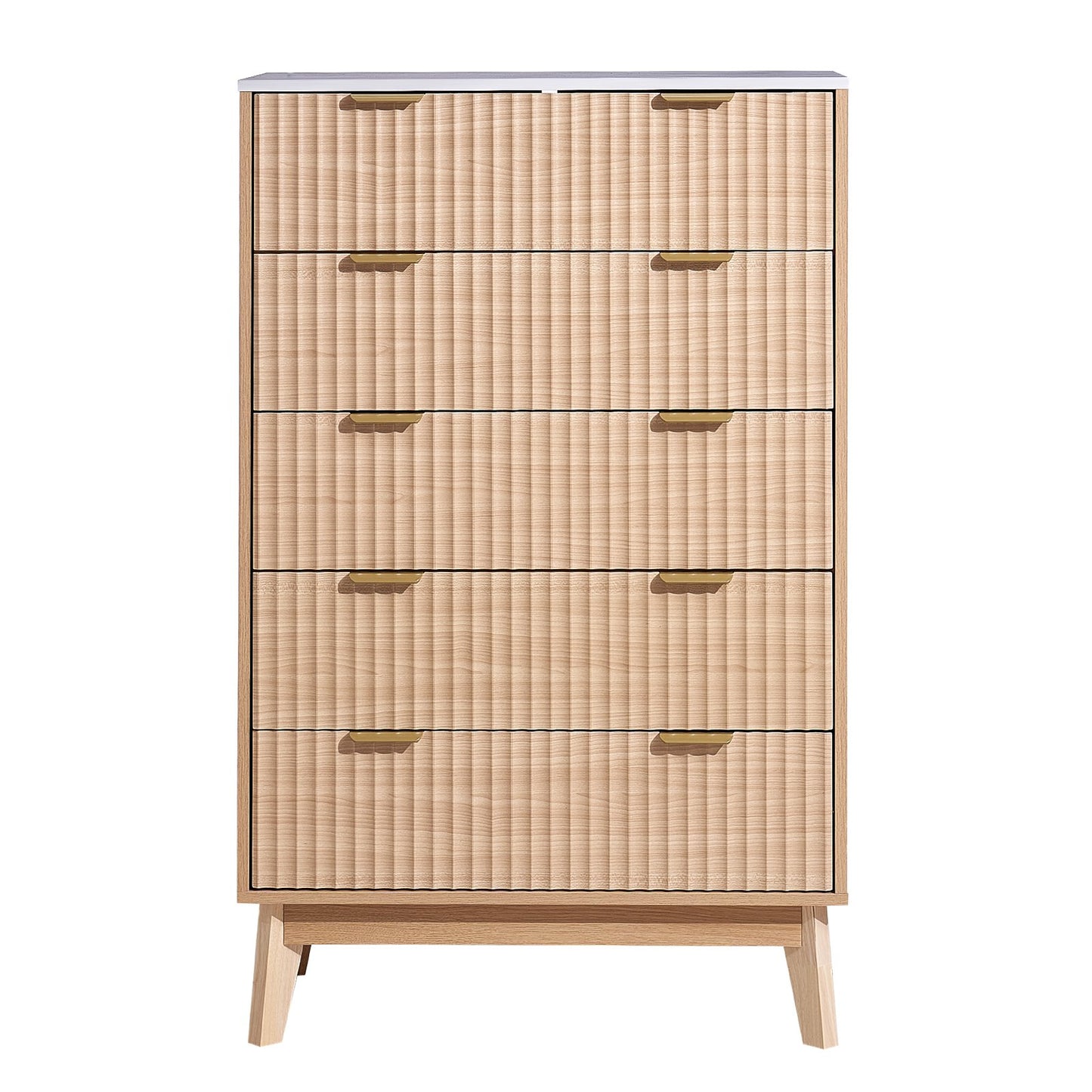 5 Fluted Drawer Dresser, Wooden Chest of Drawers with Sliding & Anti-tip Device, Modern Minimalist Dresser Chest, Closet Storage Organizer for Living Room, Hallway, Bedroom, Entryway, Light Wood