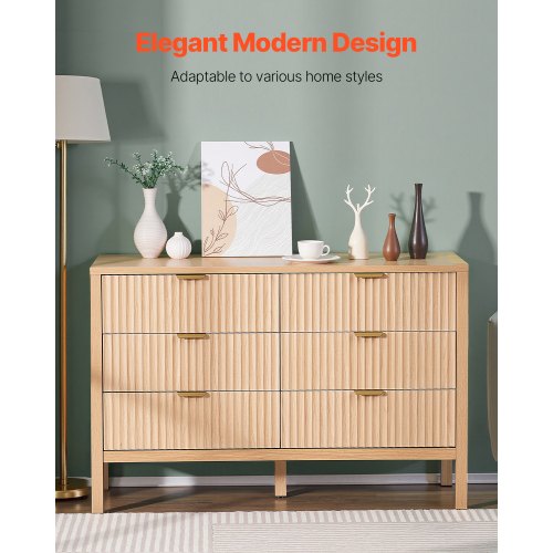 Chest of drawers with 6 fluted wooden drawers, pull-out and anti-tip | EU