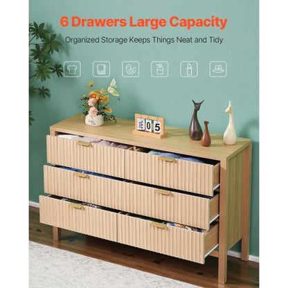 Chest of drawers with 6 fluted wooden drawers, pull-out and anti-tip | EU