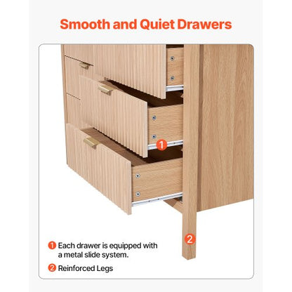 Chest of drawers with 6 fluted wooden drawers, pull-out and anti-tip | EU