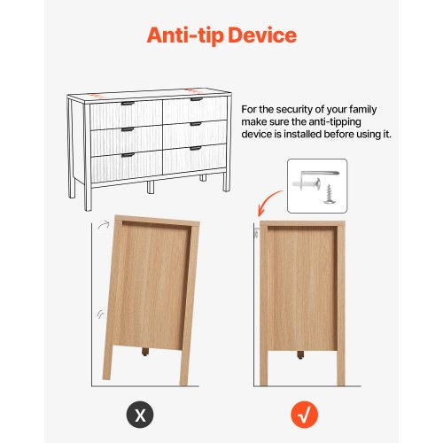 Chest of drawers with 6 fluted wooden drawers, pull-out and anti-tip | EU