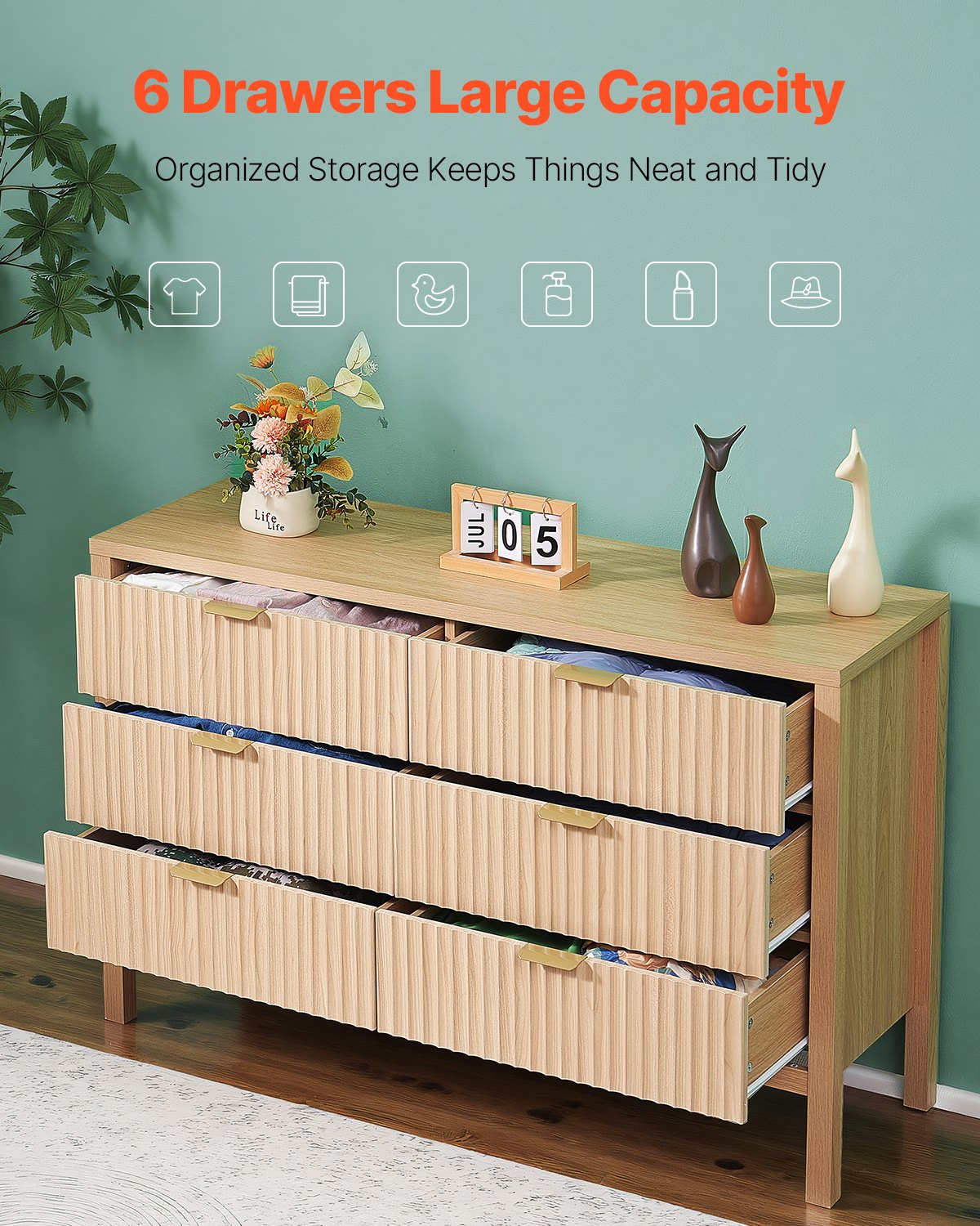 6 Fluted Drawer Dresser, Wooden Chest of Drawers with Sliding & Anti-tip Device, Modern Minimalist Dresser Chest, Closet Storage Organizer for Living Room, Hallway, Entryway, Light Wood