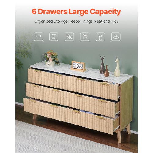 Chest of drawers with 6 fluted wooden drawers, pull-out drawers and wooden anti-tips | EU