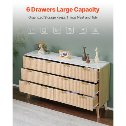 Chest of drawers with 6 fluted wooden drawers, pull-out drawers and wooden anti-tips | EU