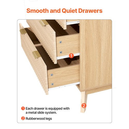 Chest of drawers with 6 fluted wooden drawers, pull-out drawers and wooden anti-tips | EU