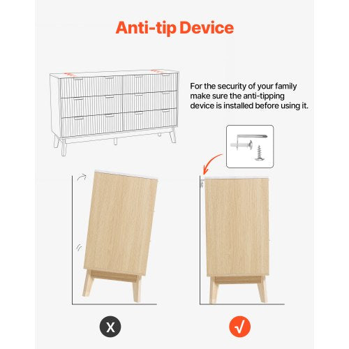 Chest of drawers with 6 fluted wooden drawers, pull-out drawers and wooden anti-tips | EU