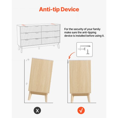 Chest of drawers with 6 fluted wooden drawers, pull-out drawers and wooden anti-tips | EU