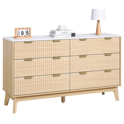 Chest of drawers with 6 fluted wooden drawers, pull-out drawers and wooden anti-tips | EU