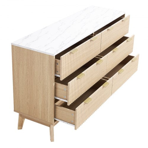 Chest of drawers with 6 fluted wooden drawers, pull-out drawers and wooden anti-tips | EU