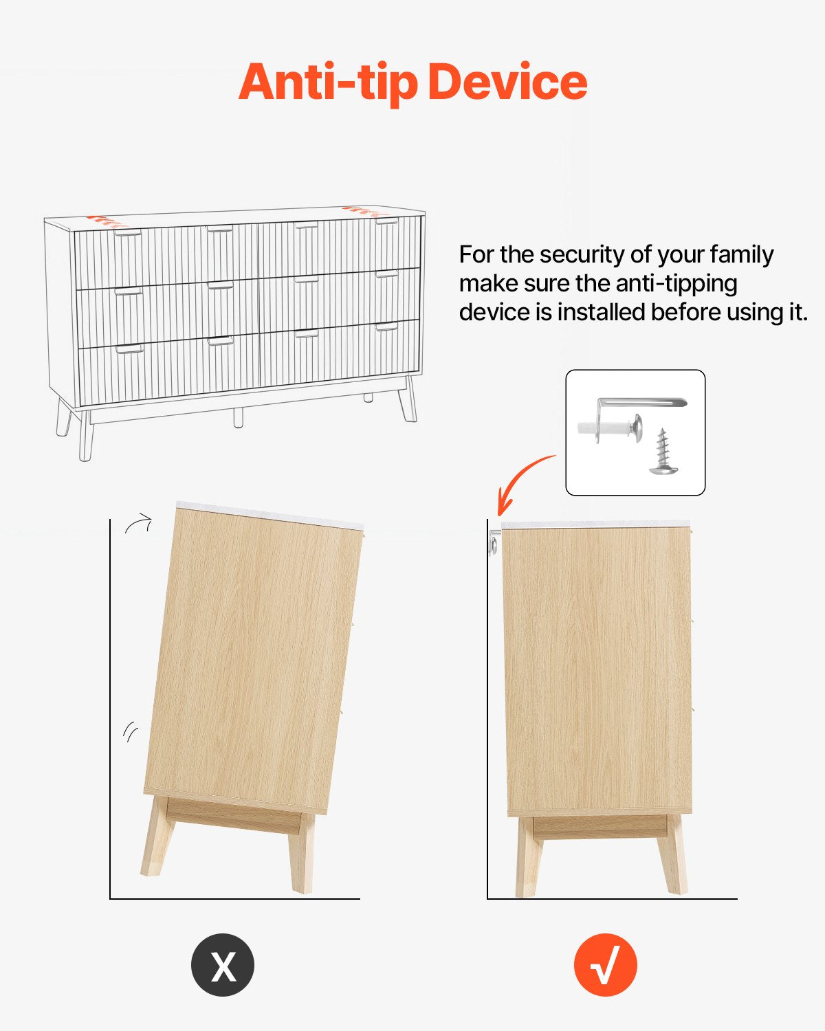 6 Fluted Drawer Dresser, Wooden Chest of Drawers with Sliding & Anti-tip Device, Modern Minimalist Dresser Chest, Fluted Closet Storage for Living Room, Hallway, Bedroom, Entryway, Light Wood