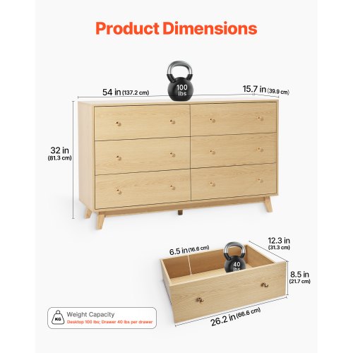 Wooden chest of drawers with 6 drawers, pull-out and anti-tip | EU