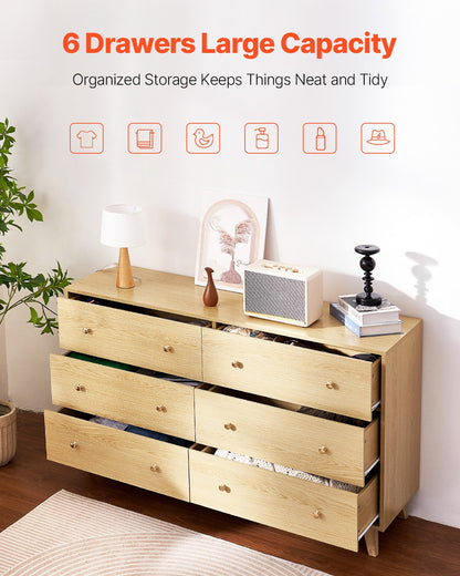 6 Drawer Dresser, Wooden Chest of Drawers with Sliding with Anti-tip Device, Modern Minimalist Dresser Chest, Closet Storage Organizer for Living Room, Hallway, Bedroom, Entryway, Light Wood