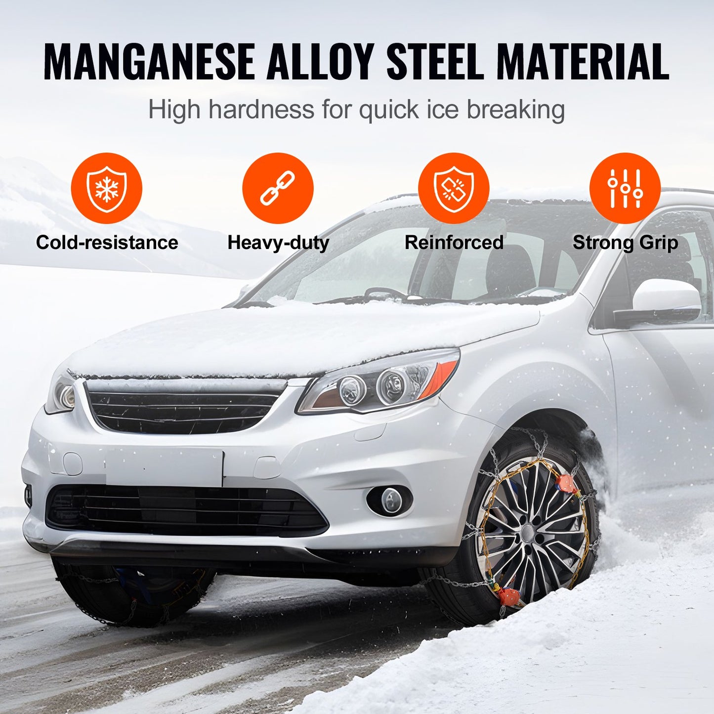 Auto Tightening Snow Chains, Diamond Mesh Traction Wheel Chains for Anti-slip, Manganese Alloy Steel Emergency Tire Chains for Cars, Pickups, SUVs, and Trucks (Set of 2)