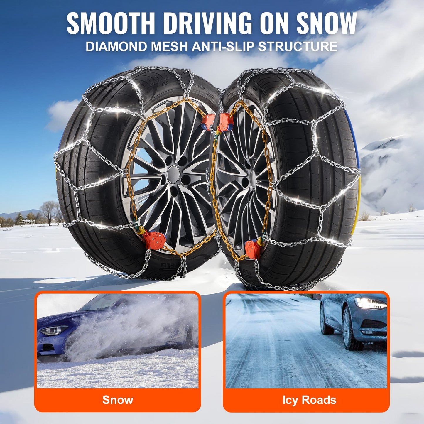 Auto Tightening Snow Chains, Diamond Mesh Traction Wheel Chains for Anti-slip, Manganese Alloy Steel Emergency Tire Chains for Cars, Pickups, SUVs, and Trucks (Set of 2)