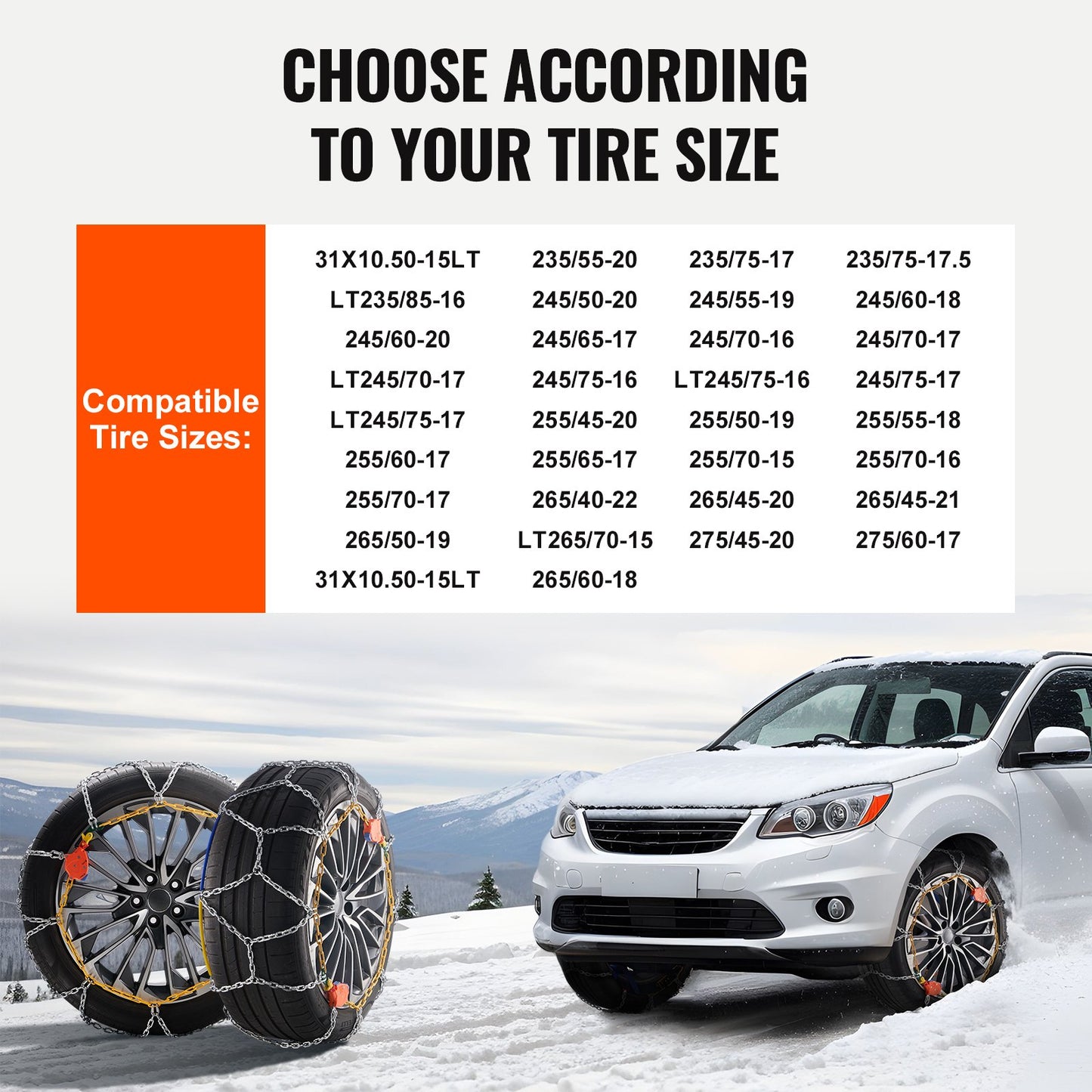 Auto Tightening Snow Chains, Diamond Mesh Traction Wheel Chains for Anti-slip, Manganese Alloy Steel Emergency Tire Chains for Cars, Pickups, SUVs, and Trucks (Set of 2)