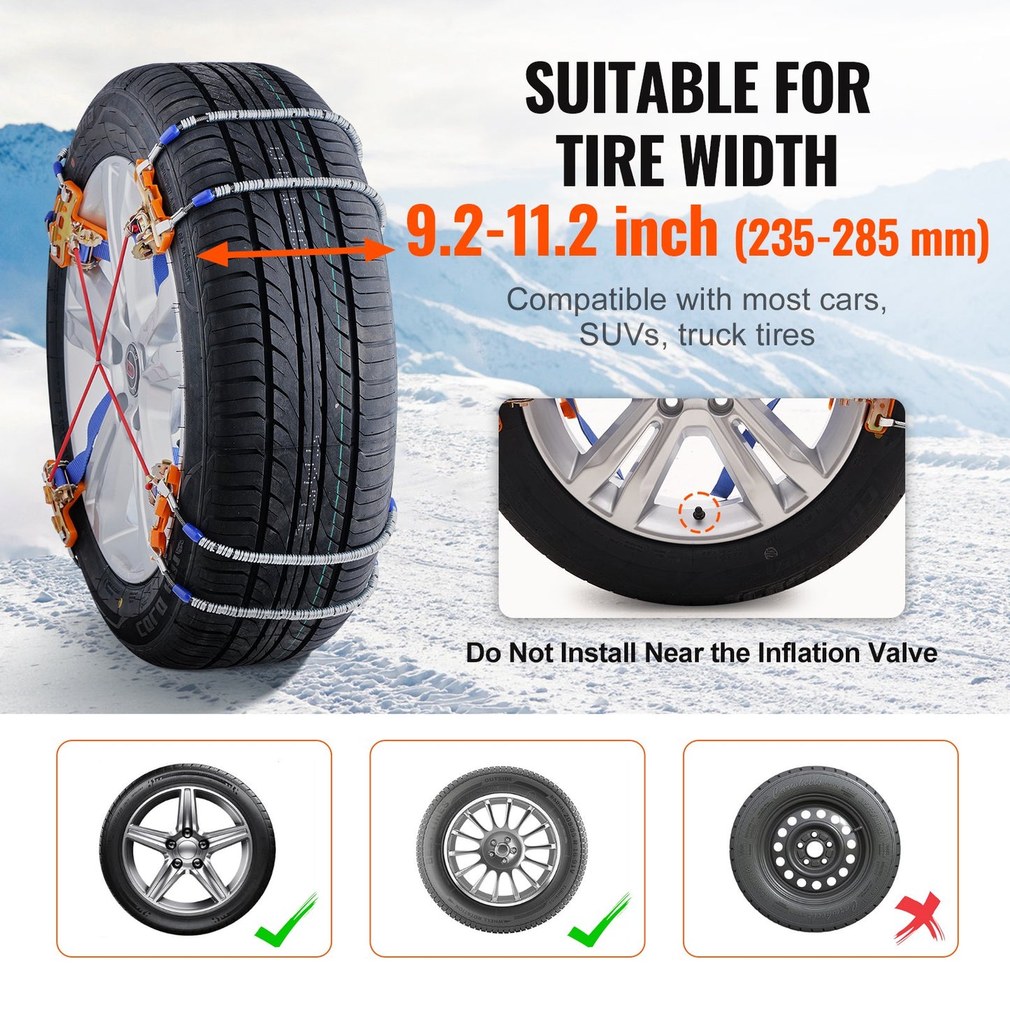 8 PCS Snow Chains, Tire Traction Wheel Chains for Tire Width 9.2-11.2 in/235-285 mm, Manganese Alloy Steel Emergency Tire Chains for Cars, Pickups, SUVs, and Trucks