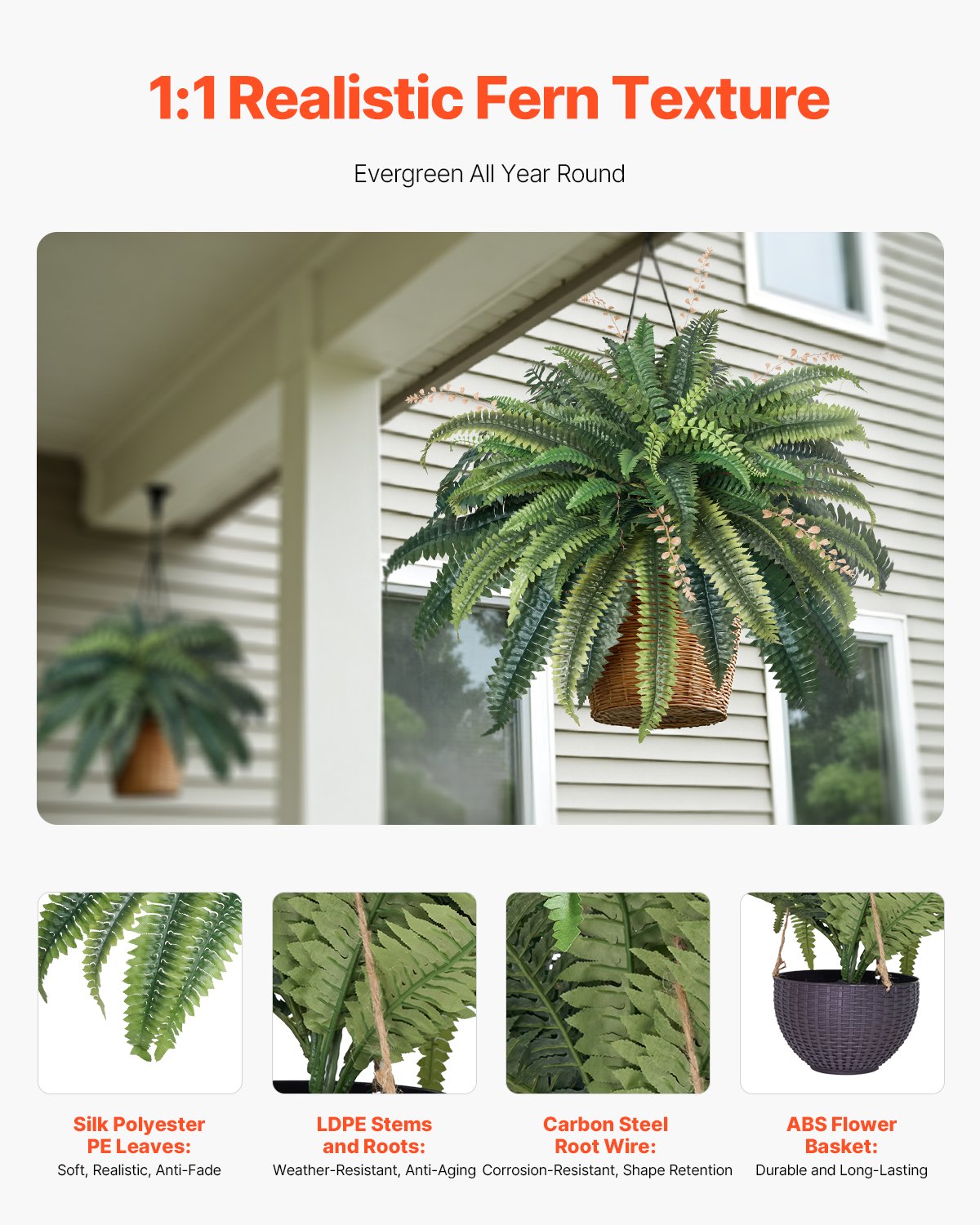 Artificial Ferns, Natural Spread Diameter 37-41 Inch, Large Hanging Fake Boston Ferns, Sunlight Resistant Fake Plant Wall Decor with 80 Branches and Flowerpot, Faux Fern for Home Office Outdoor