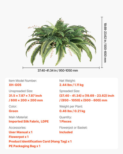 Artificial Ferns, Natural Spread Diameter 37-41 Inch, Large Hanging Fake Boston Ferns, Sunlight Resistant Fake Plant Wall Decor with 80 Branches and Flowerpot, Faux Fern for Home Office Outdoor