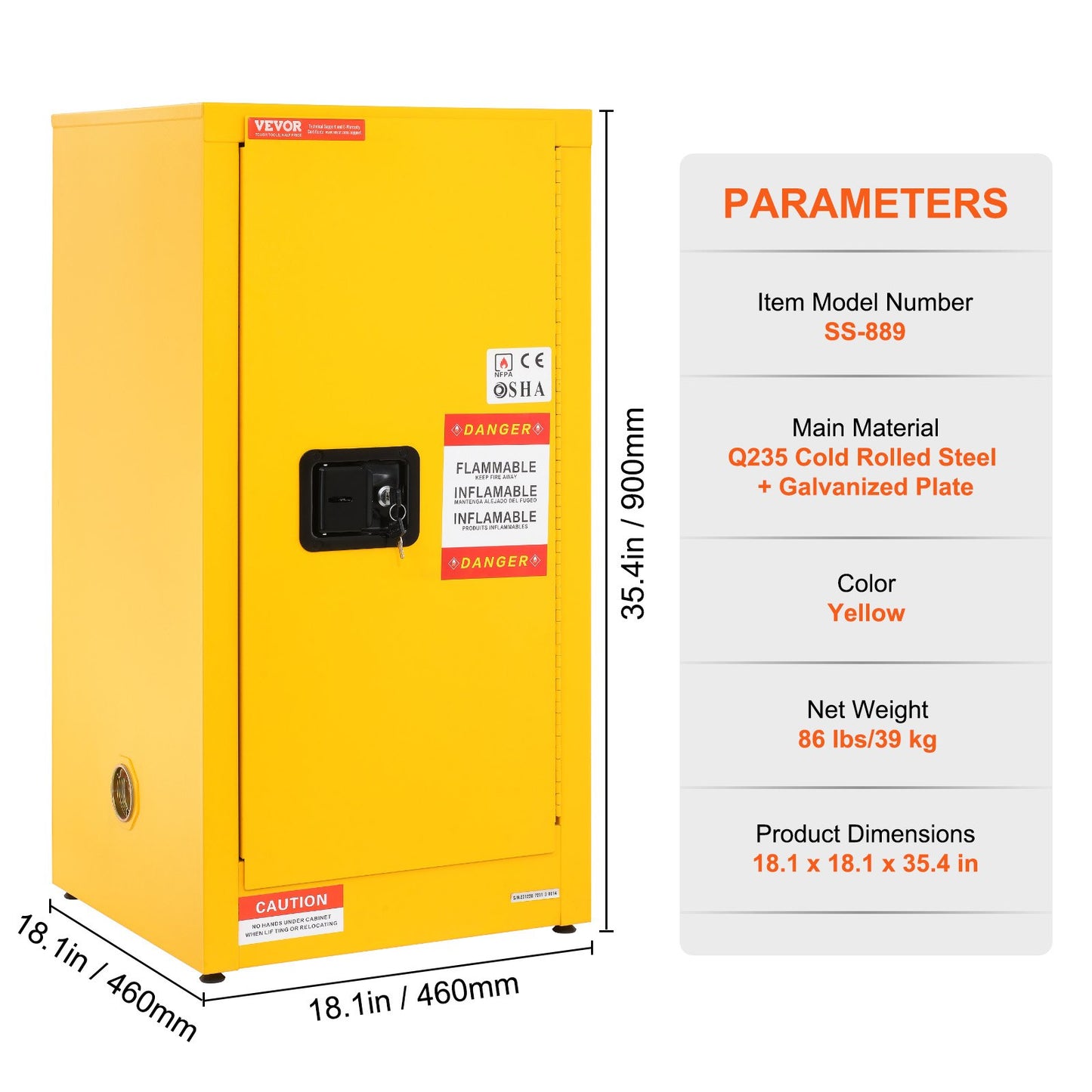 Flammable Safety Cabinet, 16 Gal, Cold Rolled Steel Flammable Liquid Storage Cabinet, 18.1 x 18.1 x 35.4 in Explosion Proof with 2 Adjustable Shelves 1 Door for Commercial Industrial Use, Yellow